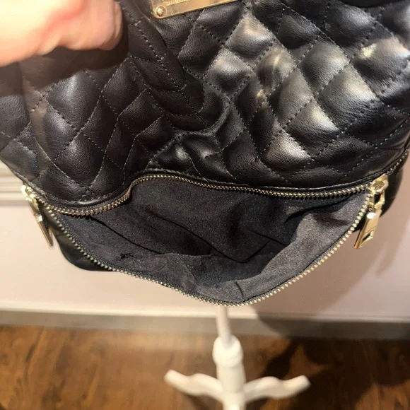 BEBE Brand Quilted Black Backpack - Purse-Gold Hardware Women’s Purse - Picture 5 of 12